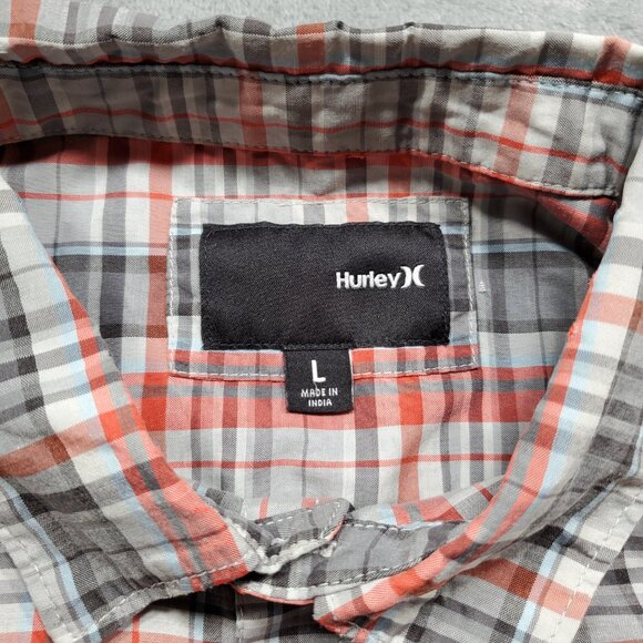 Hurley Long Sleeve Button Up Plaid Shirt 1 Pocket Gray Red Blue Men Sz L - Picture 3 of 12